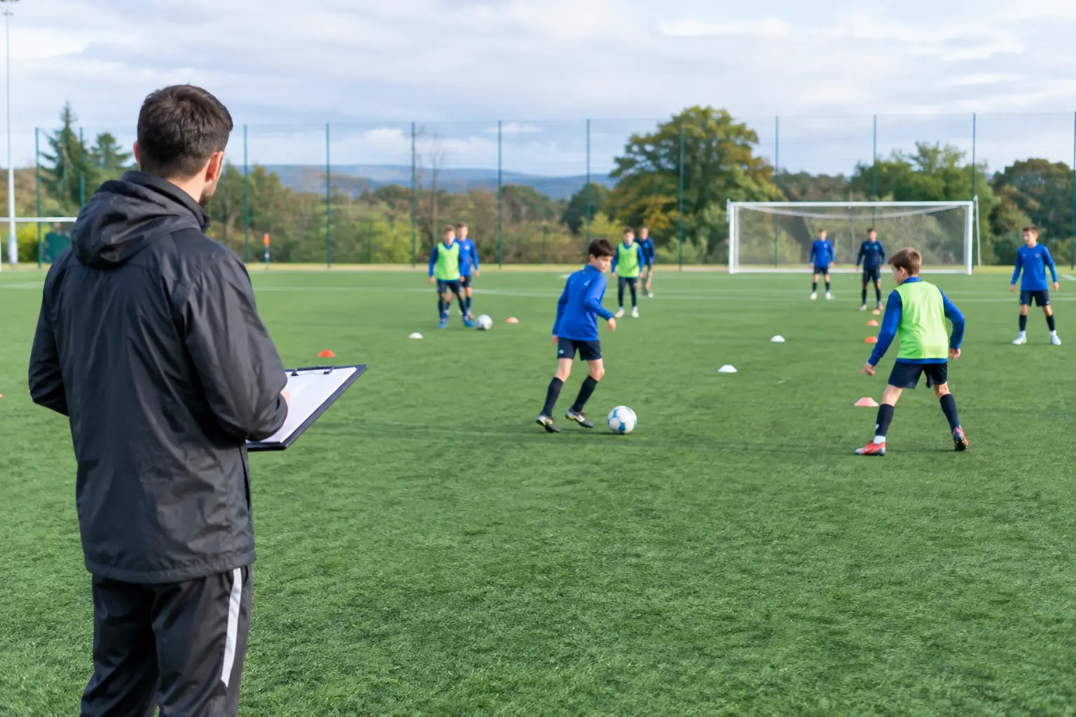 Nachwuchsmannschaft beim Training mit Trainer und Notizen zum Trainingsplan