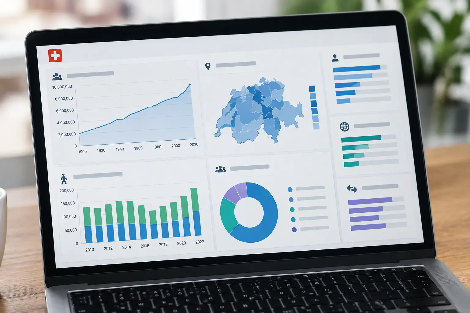 Bildschirm mit einem Schweizer Statistik-Dashboard mit Bevölkerungs- und Migrationsdaten
