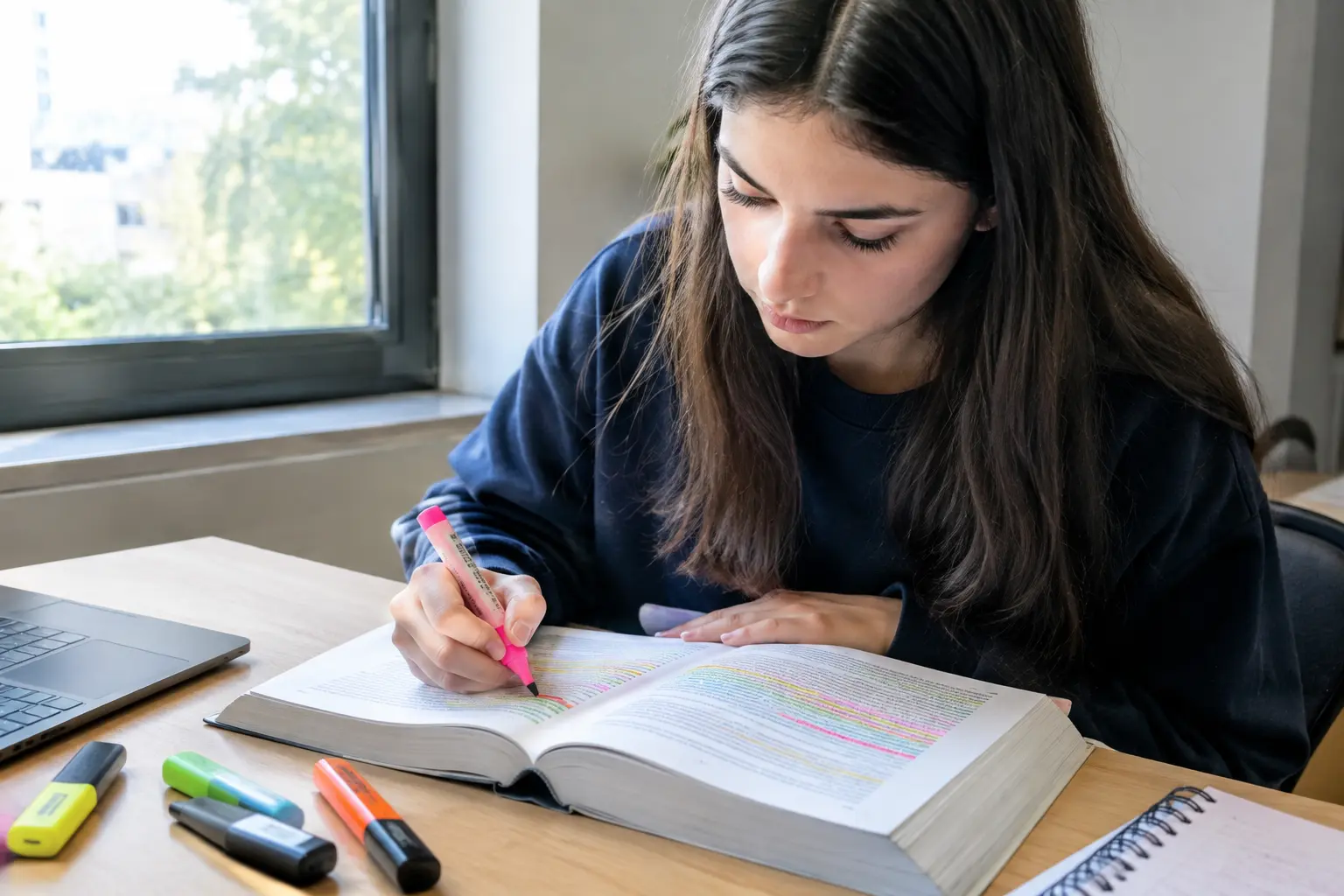 Studentin markiert Textstellen in einem juristischen Lehrbuch mit Leuchtstiften